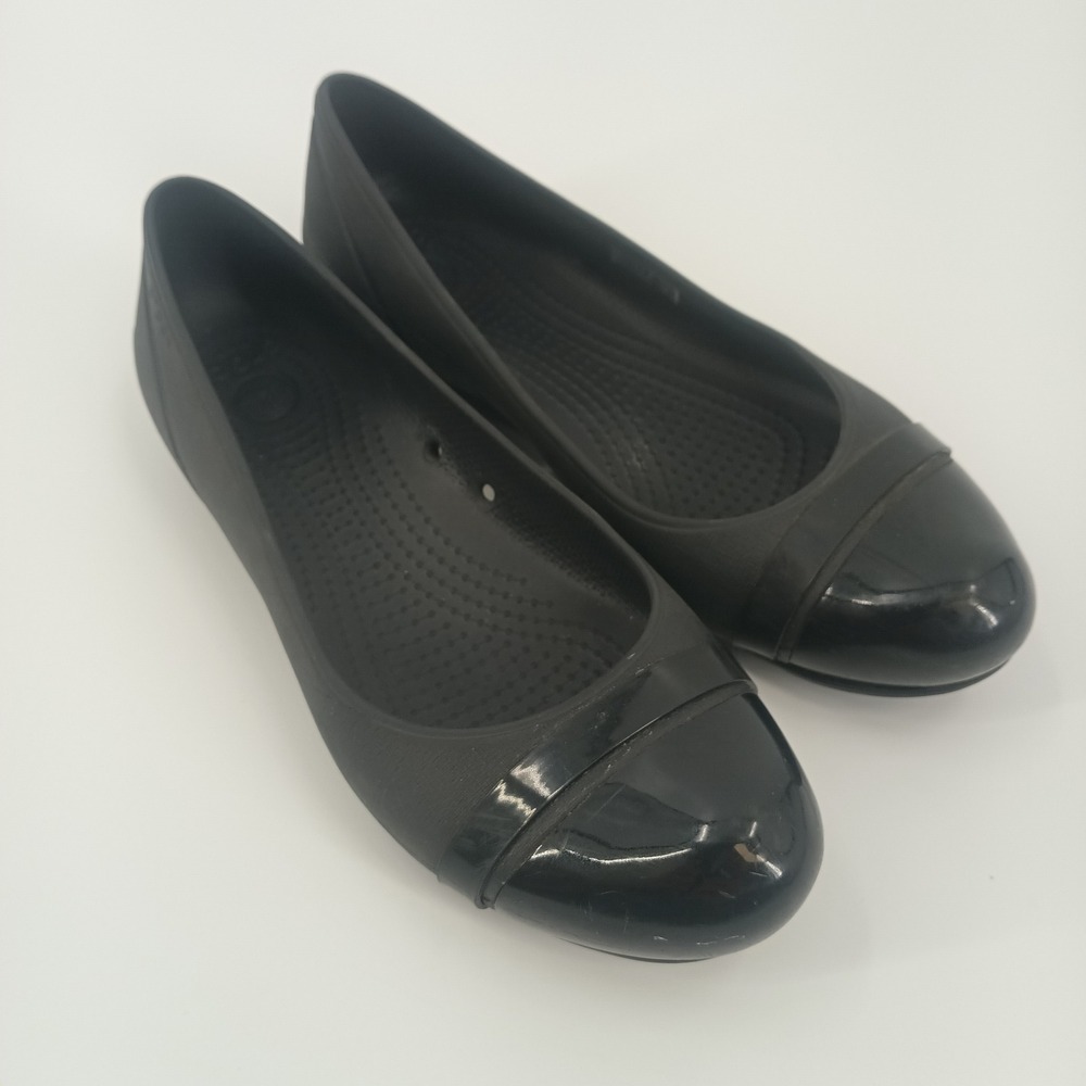 Crocs Cap Toe Flat Black Ballet Shoes Patent Toe Women W8 12300